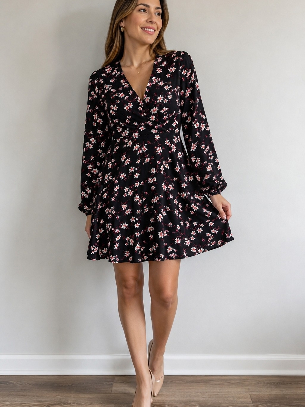 ANN TAYLOR Floral Wrap-Style Dress | Black, Pink & White | Size 0